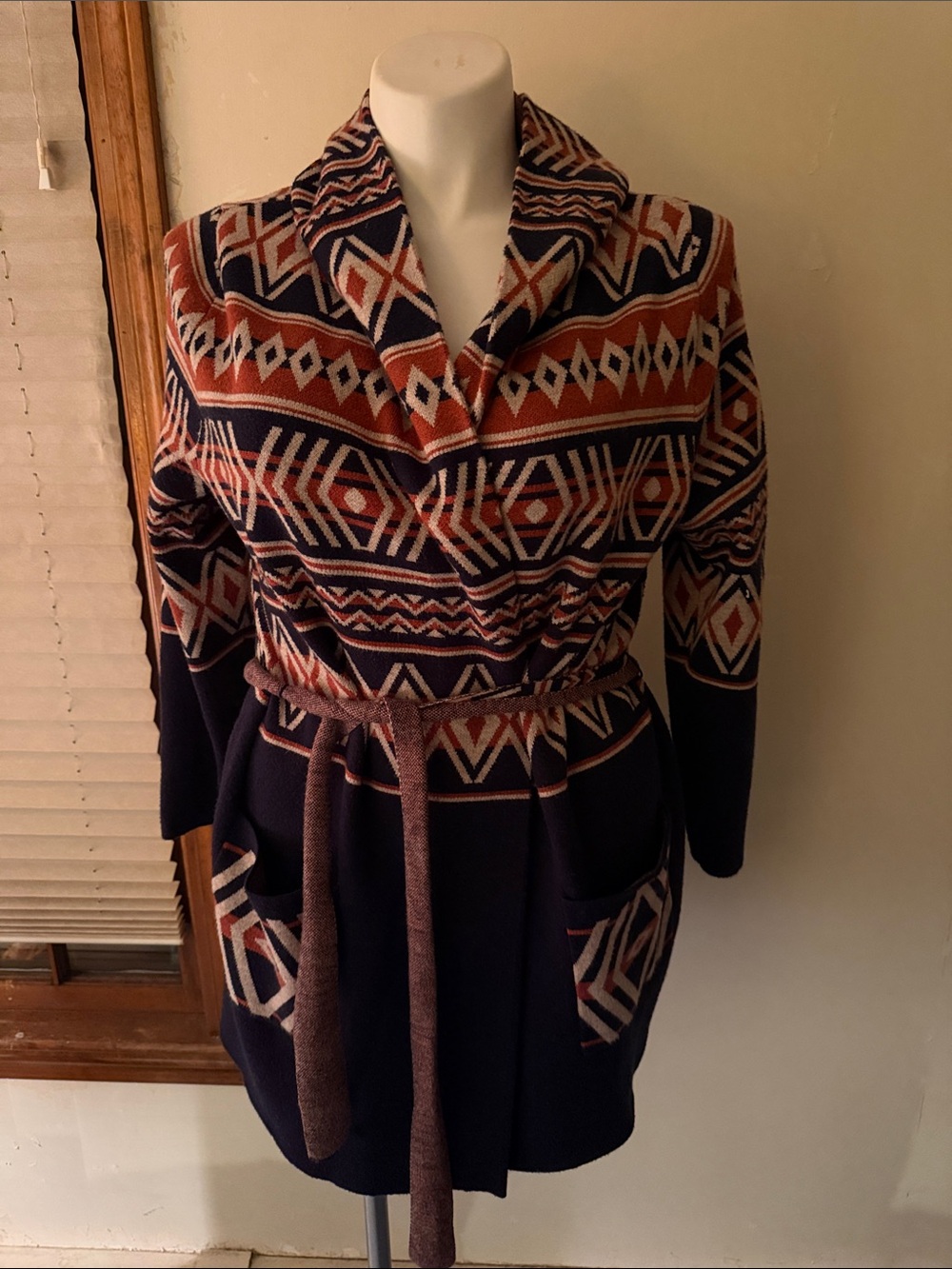 Rachel Zoe Navy & Rust Aztec Hooded Knit  Cardigan